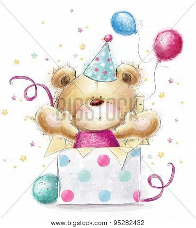 Teddy bear with the gift. Happy Birthday card