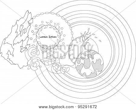 Ornamental composition with rainbow, rock, waves, planet, tree and leaves