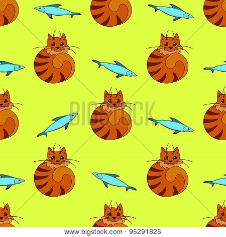 Cute seamless pattern with cats and fishes on the yellow background