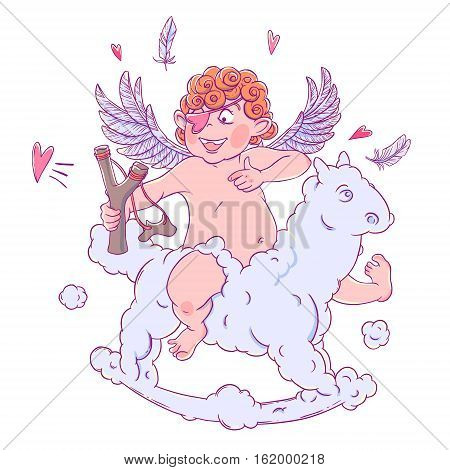 Valentine's day. Funny Cupid with patch on the eye on a cloud horse shoots with a slingshot. Vector illustration isolated on white background. 