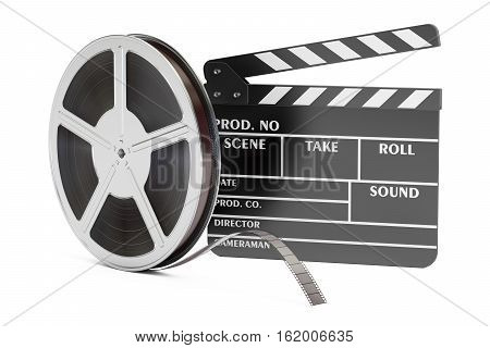 Cinema concept. Clapperboard with film reels 3D rendering isolated on white background