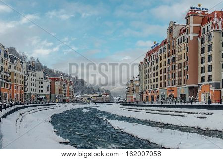 Rosa Khutor, Sochi, Russia, December 17 2016 Winter in the Caucasian mountains