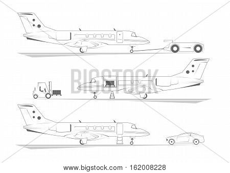 Aircraft banners. Three scenes at airport. Vector illustration.