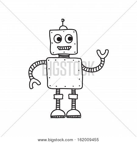 Cartoon robot isolated on white, hand drawn vector illustration, doodle style picture. Sketch design elements for banner, flyer, card, collage.