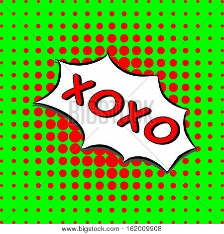 Xoxo - Comic Text, Pop Art style. Free handdrawn typography lettering with green and red dotted halftone background. Vector love hugs and kisses text message.