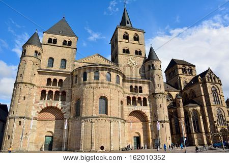 Trier, Germany - April 26, 2016. Trierer Dom cathedral in Trier with people
