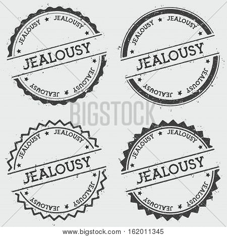 Jealousy Insignia Stamp Isolated On White Background. Grunge Round Hipster Seal With Text, Ink Textu