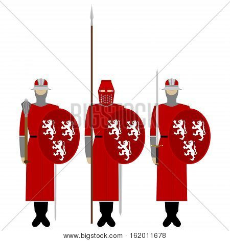 Medieval knights weapons uniforms and jousting signs and symbols. The illustration on a white background.