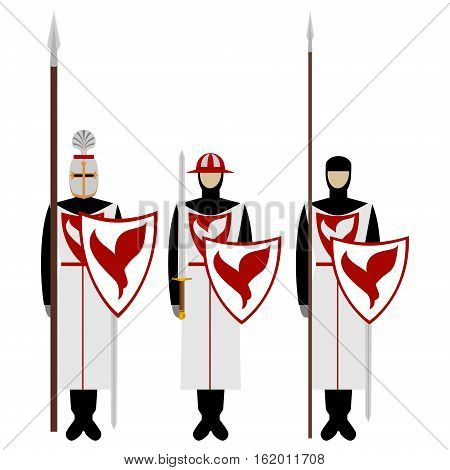 Medieval knights weapons uniforms and jousting signs and symbols. The illustration on a white background.