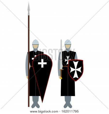 Medieval knights weapons uniforms and jousting signs and symbols. The illustration on a white background.