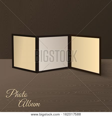 Threefold brochure realistic mockup on the wooden scene or table and wall. Vector illustration