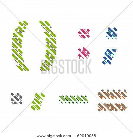 Striped latin alphabet. Letter punctuation marks brackets hooks from lines hatching dotted decorative font