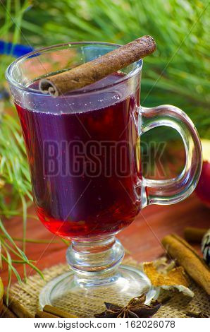Spicy Christmas drink in a glass with spices on a background of trees