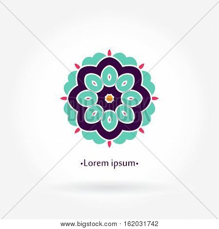 Logo for flower shop, interior. Company logo, stylized flower. Simple geometric logo. Mandala logo. Business, invitations. Beautiful blue flower. Bright juicy logo. Circular logos. Flower logo.