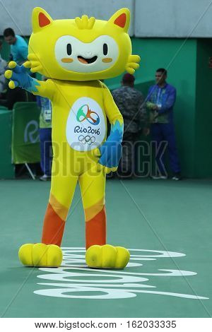 RIO DE JANEIRO, BRAZIL - AUGUST 12, 2016: Vinicius is the official mascot of the Rio 2016 Summer Olympics at the Olympic Tennis Centre in Rio de Janeiro