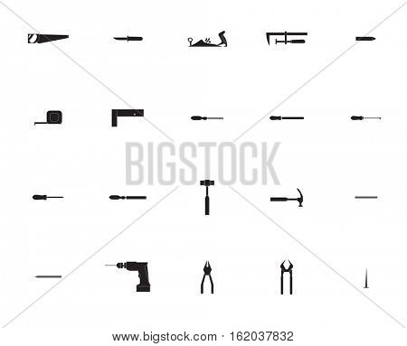Vector icon set for carpentry tools and equipment on white background