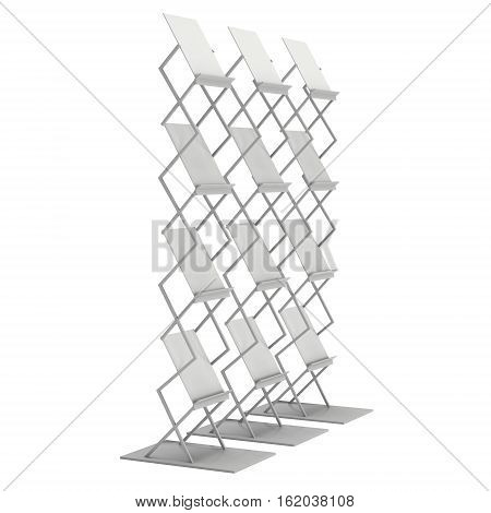 Brochure Display. Trade show booth stand for magazines white and blank. 3d render isolated on white background. High Resolution. Ad template for your design.