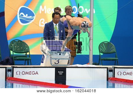 RIO DE JANEIRO, BRAZIL - AUGUST 8, 2016: Olympic champion Michael Phelps of United States competes at the Men's 200m butterfly semifinal at Rio 2016 Olympic Games at the Olympic Aquatics Stadium