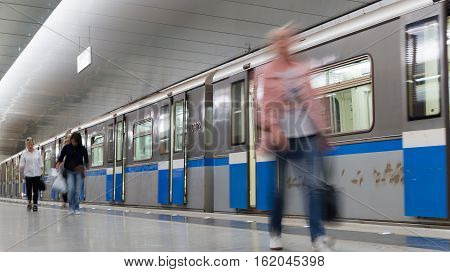 Moscow Russia - July 09.2015. Train on a metro station Pyatnickoe Shosse