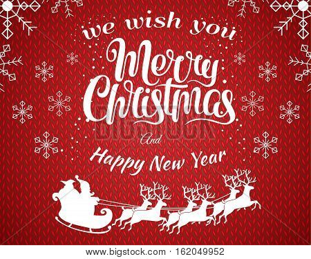 Red vector christmas illustration background with Santa Claus silhouette riding a sleigh with deers. Merry christmass poster. Happy New Year banner with white snowflakes. Vector illustration.