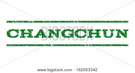 Changchun watermark stamp. Text caption between horizontal parallel lines with grunge design style. Rubber seal stamp with dirty texture. Vector green color ink imprint on a white background.