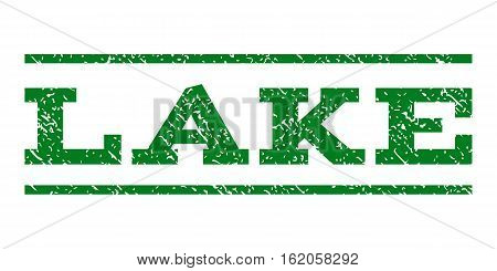 Lake watermark stamp. Text tag between horizontal parallel lines with grunge design style. Rubber seal stamp with dirty texture. Vector green color ink imprint on a white background.