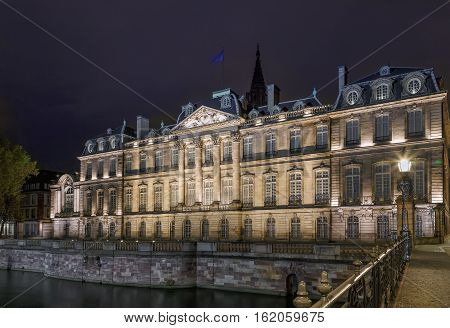 Rohan Palace in Strasbourg France is the former residence of the prince-bishops. Palace is a major architectural historical and cultural landmark in the city. Evening