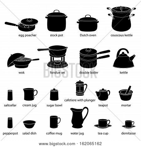 Kitchen utensils illustrations set. Cooking, dinner service, with names. Black silhuettes of kitchenware with white outlines