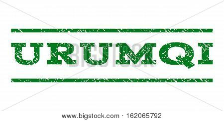 Urumqi watermark stamp. Text caption between horizontal parallel lines with grunge design style. Rubber seal stamp with dust texture. Vector green color ink imprint on a white background.