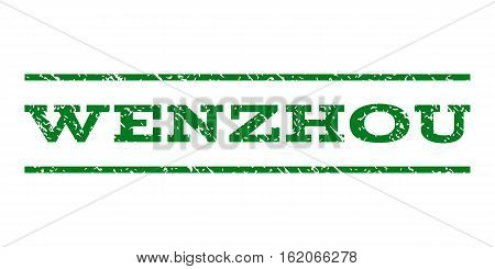 Wenzhou watermark stamp. Text caption between horizontal parallel lines with grunge design style. Rubber seal stamp with dirty texture. Vector green color ink imprint on a white background.