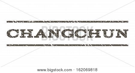 Changchun watermark stamp. Text tag between horizontal parallel lines with grunge design style. Rubber seal stamp with dirty texture. Vector grey color ink imprint on a white background.