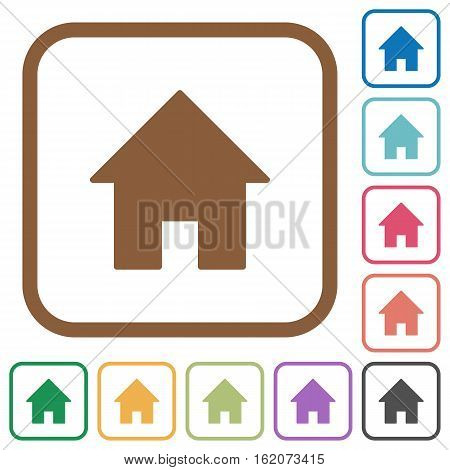 Home simple icons in color rounded square frames on white background