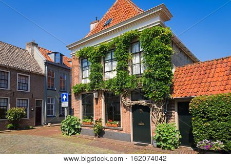 Two-storey  houses on the street of the old city of Duisburg, the Netherlands