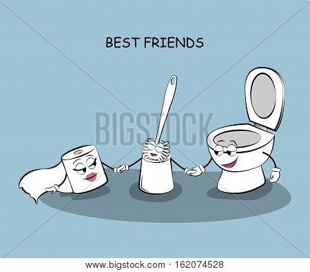 Best friends. Cute picture of a toilet and toilet paper and a toilet brush. Vector illustration.