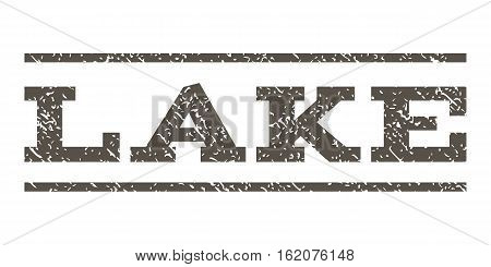 Lake watermark stamp. Text caption between horizontal parallel lines with grunge design style. Rubber seal stamp with dust texture. Vector grey color ink imprint on a white background.
