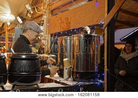 Lyon, France, December 17, 2016 : The Christmas Market Of Lyon, A Village Of More Than 130 Chalets O