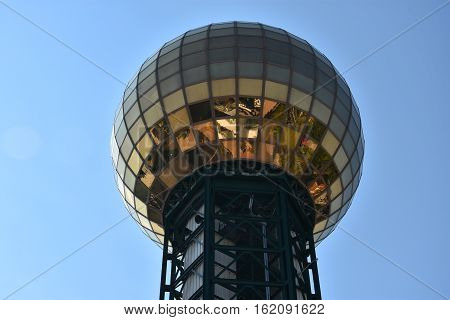 KNOXVILLE, TN - OCT 4: Sunsphere Tower in Knoxville, Tennessee, as seen on Oct 4, 2016. It is a 266 ft high hexagonal steel truss structure, topped with a 75 ft gold-colored glass sphere that served as the symbol of the 1982 Worlds Fair.