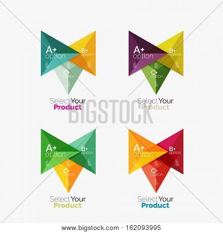 Set of triangle option infographic layouts. Select your product concept, make a choice idea