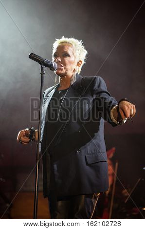 CRACOW POLAND - NOV EMBER 6 2016: Symphonica 2 Made in Poland The music of cult of underground rock metal- and punk Polish groups from years 80-these performed by musicians and soloists Filharmonia Futura on stage cinemas Kiev in Cracow. O/p Malgorzata Os