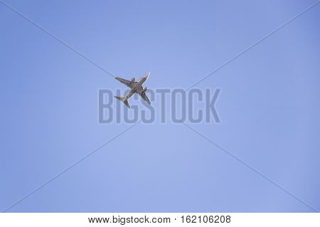 Plane is flying in the blue sky