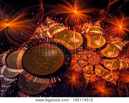 Jewelry background -abstract computer-generated image. Fractal art: chaos glossy beads, sparkles and glowing dots. Blurred festive backdrop for covers, posters, web design.