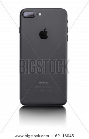 UZHGOROD, UKRAINE - DECEMBER 15, 2016: New black iPhone 7 Plus from the company Apple on a white background, back view, studio photo, on December 15, 2016 in Uzhgorod, Ukraine.
