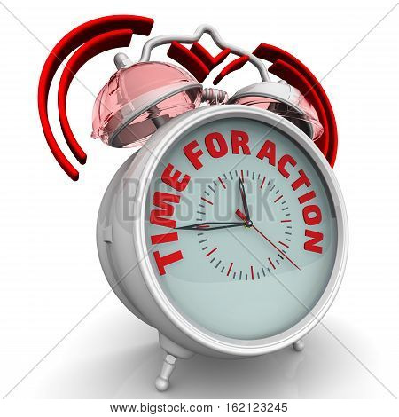 Time for action. The alarm clock with an inscription. Alarm clock with the words 