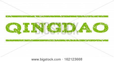Qingdao watermark stamp. Text caption between horizontal parallel lines with grunge design style. Rubber seal stamp with dust texture. Vector eco green color ink imprint on a white background.