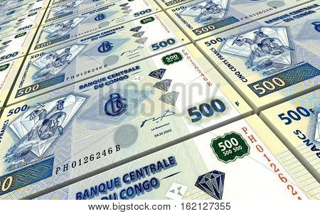 Congolese francs bills stacked background. 3D illustration.