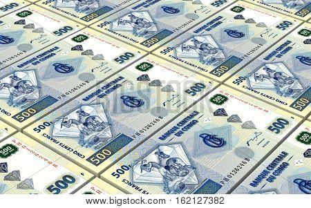 Congolese francs bills stacked background. 3D illustration.