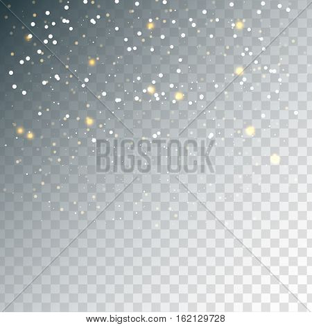 Random falling golden snowflakes transparent background. Abstract pattern. Glitter banner for greeting Christmas and New Year card invitation postcard. Vector illustration sparkling lights.