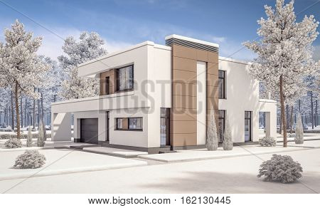 3D Rendering Of Modern Winter House