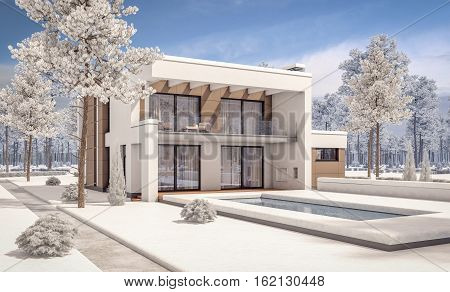 3D Rendering Of Modern Winter House