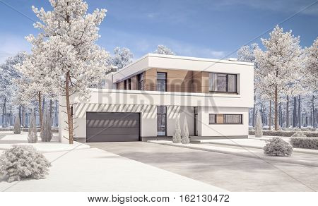 3D Rendering Of Modern Winter House